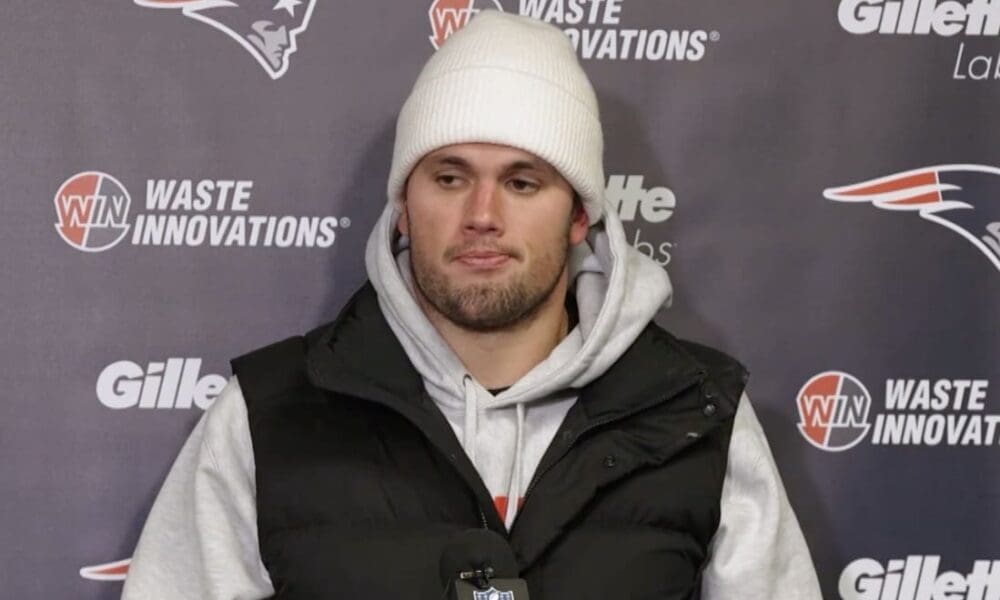 New England Patriots right end Hunter Henry speaks to reporters after the team's 24-21 loss to the Buffalo Bills